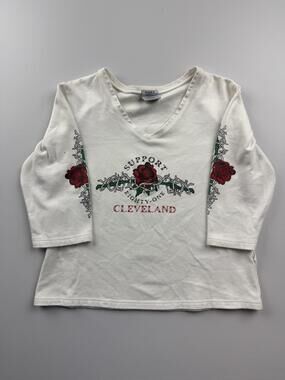 Port Authority Shirt Womens Medium White V-Neck 3/4 Sleeve Cleveland Biker